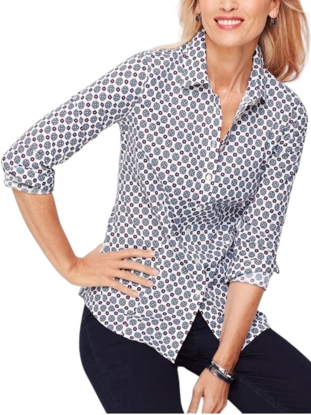 Talbots Non-Iron Button-Up Cotton Shirt Geo Hearts Print Women's Plus Size 18W